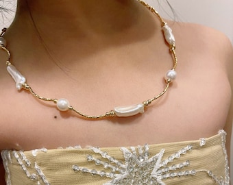 Gargantilha Biwa Pearl: Colar delicado banhado a ouro