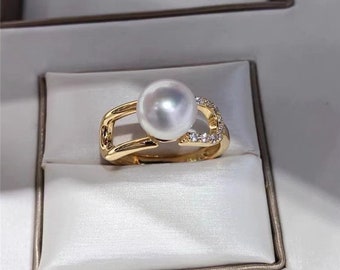 Anel de Pérola Akoya: Ouro Vermeil 18K, Zircônia Delicada, Prata 925