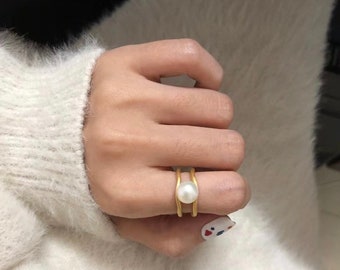 S925 Sterling Silver vermeil Ring,Pearl Ring Gold,Statement Ring,14K Ring,Adjustable Ring,