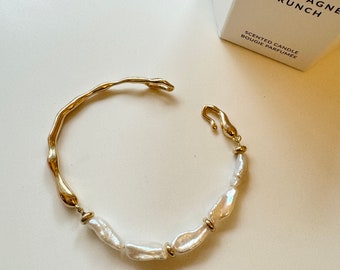 Pulseira banhada a ouro com pérolas barrocas, joias Keshi de água doce, estilo minimalista.