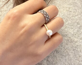 Bague perle vermeil en or : Bague ouverte réglable en argent sterling