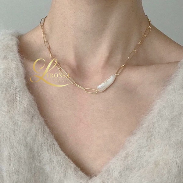 Biwa Pearl Choker,Baroque Pearl Necklace,Gold Chain Choker,Pearl Necklace With Charm,Paperclip Chain Necklace,Pearl Choker,Gift for Her