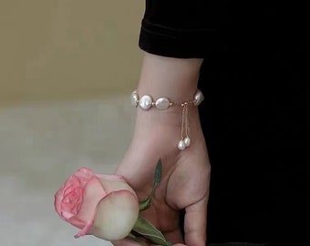 Buttons Pearl Bracelet, Baroque Pearl Bracelet,Adjustable Bracelet,Beaded Pearl Bracelet,Birthday Gift