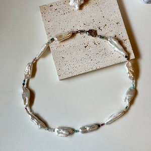 Original Design Colorful Crystal Biwa Pearl Necklace , Baroque Pearl Necklace,Rainbow Crystal Necklace,Gift For Her image 3