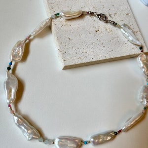 Original Design Colorful Crystal Biwa Pearl Necklace , Baroque Pearl Necklace,Rainbow Crystal Necklace,Gift For Her image 6