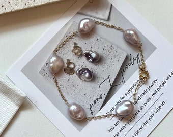 Purple Keshi pearl Bracelet,Dainty Baroque Pearl Bracelet For Woman,Gypsophila Bracelet, Gold bracelet, Handmade Jewelry,Gifts For Her