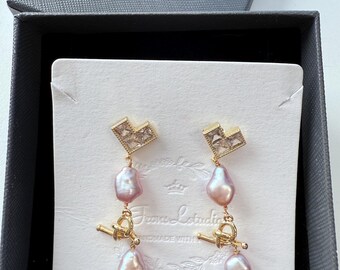 Boucles d'oreilles pendantes avec perles : clous d'oreilles coeur plaqués or 14 carats, style français