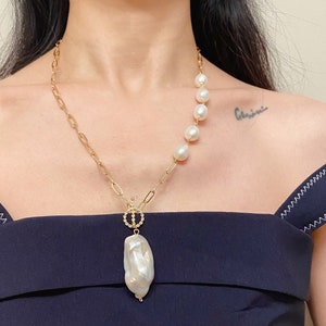 Single Pearl,Large Pearl Necklace ,Pearl Necklace,Baroque Pearl Necklace,Elegant Necklace,Gold Necklace,Keshi Pearl Paperclip Chain Necklace