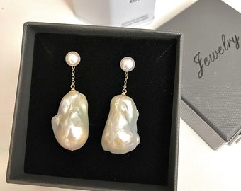 18K Solid Gold Large Baroque Pearl Drop Earrings,White Fire Ball Baroque,Delicate Dainty Pearl Earrings,Bridal Earrings,2 colors Available