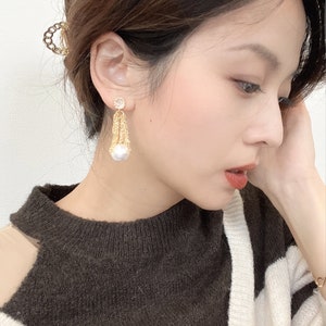 Waterfall Baroque Pearl Dangle&Drop Earrings,12-13mm Keshi Pearl Earrings,Freshwater Pearl Earrings,Handmade jewelry,Christmas Gifts