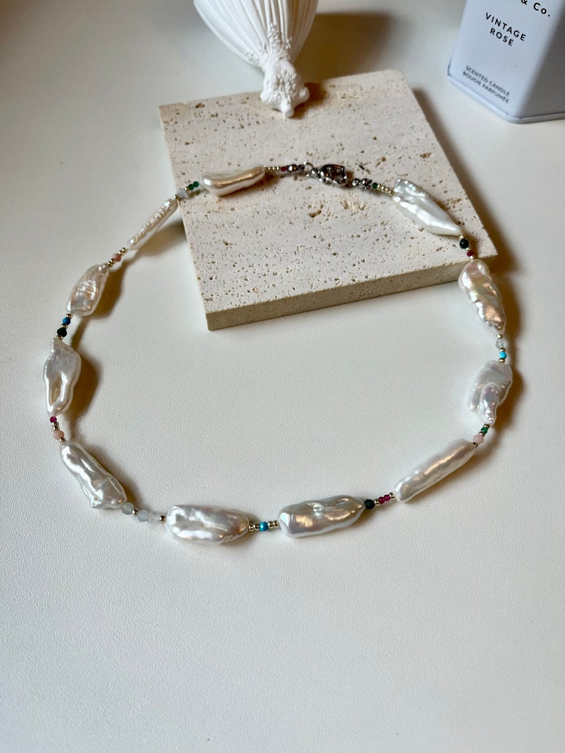 Original Design Colorful Crystal Biwa Pearl Necklace , Baroque Pearl Necklace,Rainbow Crystal Necklace,Gift For Her image 1