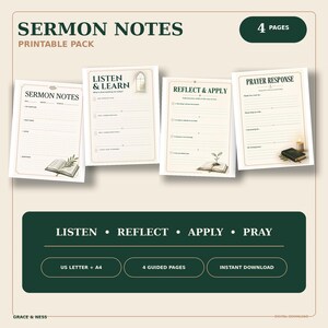 May include: A printable sermon notes pack featuring four pages titled Sermon Notes, Listen & Learn, Reflect & Apply, and Prayer Response. The pages include lined sections for writing, illustrations of open books, a candle, and a plant, with dark green accents.