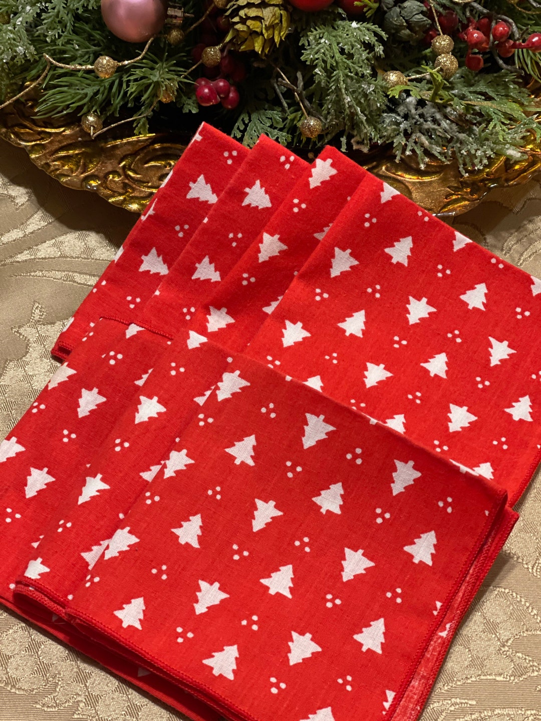 8 Vintage Cloth Cocktail Napkins 9 3/8 Christmas Red With White Pine