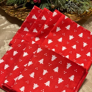 8- Vintage Cloth Cocktail Napkins 9 3/8 Christmas Red with White Pine Trees Home Tabletop Dining