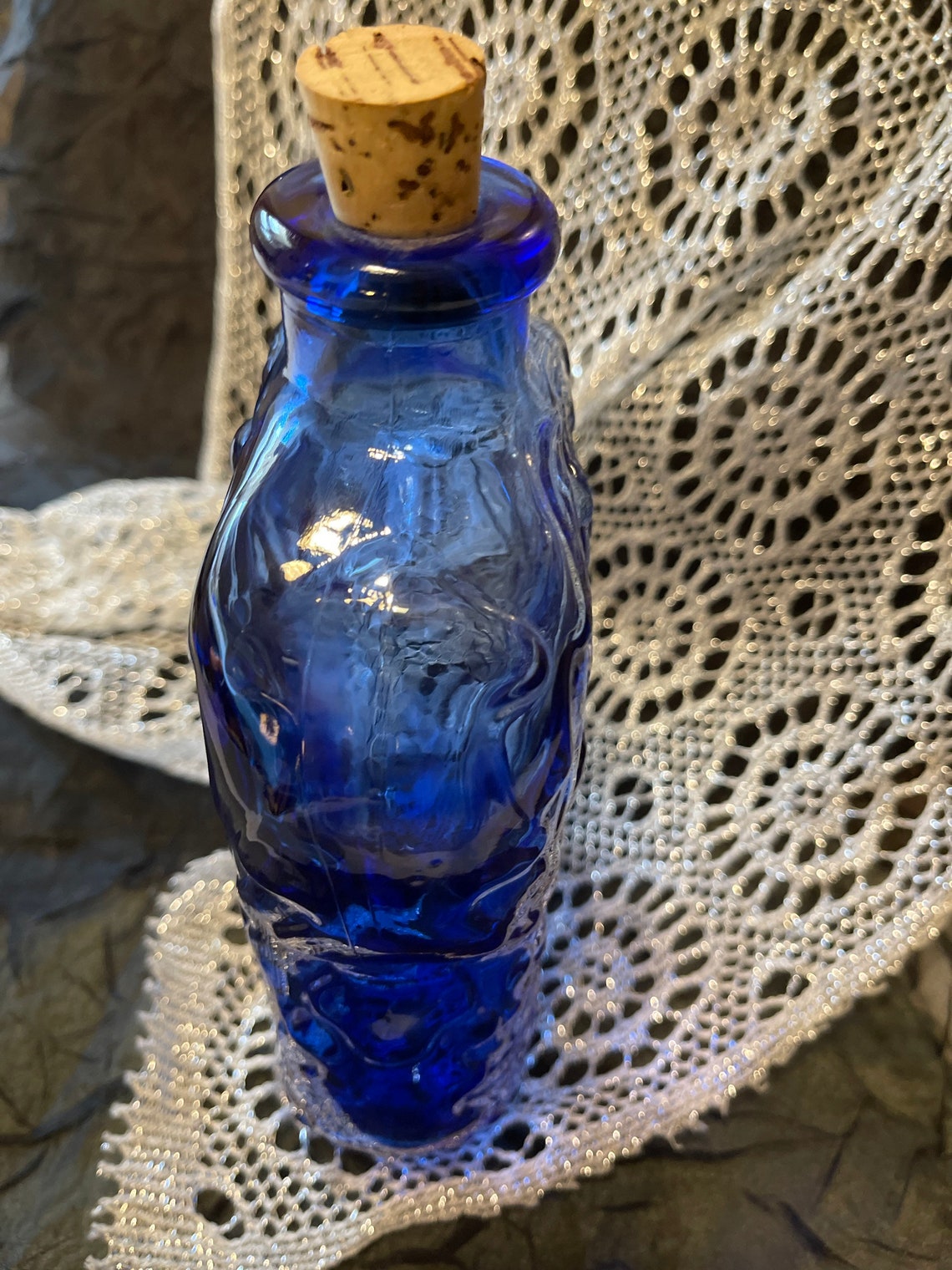 Cobalt Blue Glass Corked Bottle Embossed Acorn & Leaf Blue Etsy