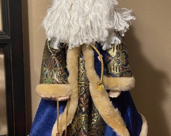 Vintage Santa Claus Blue Fur Trim Robe Christmas Tree Topper Tabletop 17" Home Christmas Decor Accent