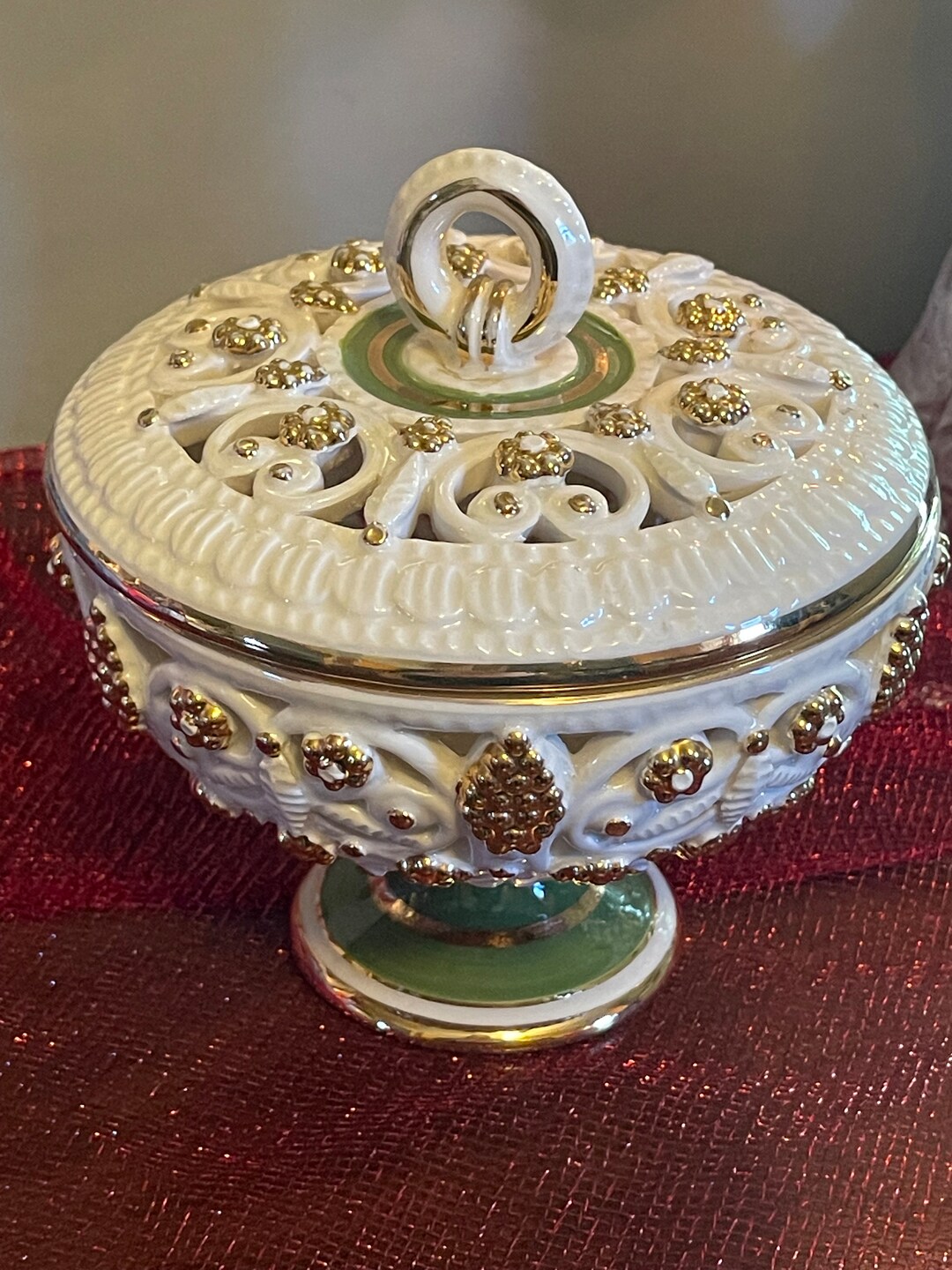 Vintage Candy Nut Dish Porcelain Lidded Hand Painted White Green Gold