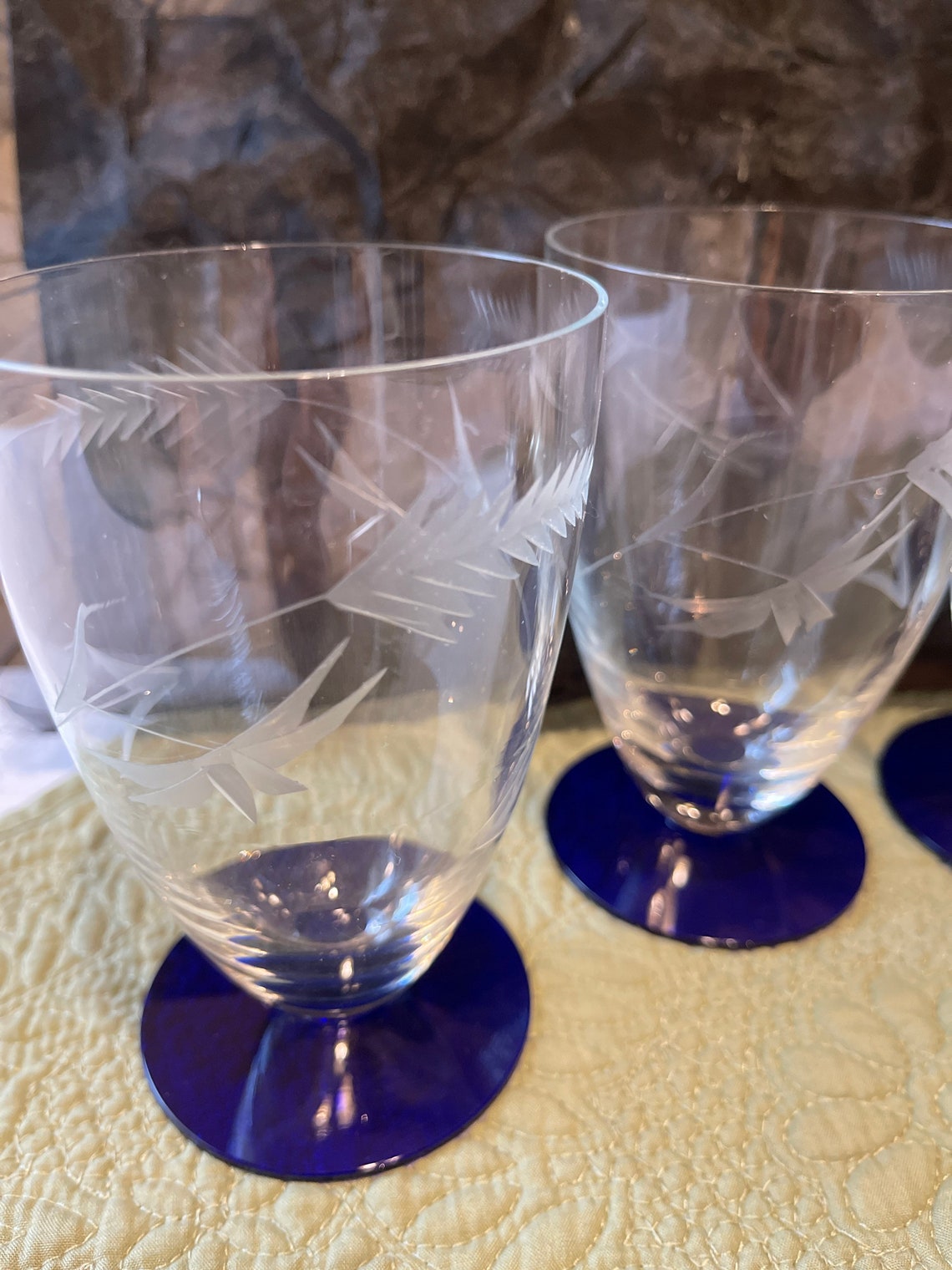 Vintage Clear Drinking Glasses Cobalt Blue Base Etched Fern Etsy