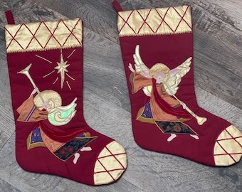 2 Christmas Stockings Angel Star Stocking Embroidered Red Gold Christmas Home Deco 18"