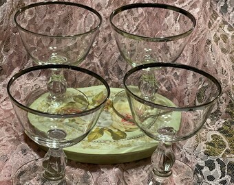 Vintage Footed Glass Sherbert Desert Custard Dish Cup Clear with Silver Platinum Rims Set of 4