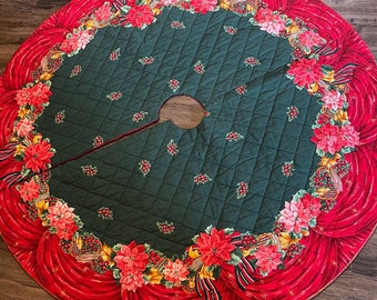 Quilted Christmas Tree Skirt Red Green Poinsettias Berries Pearls 53" Christmas Home Decor