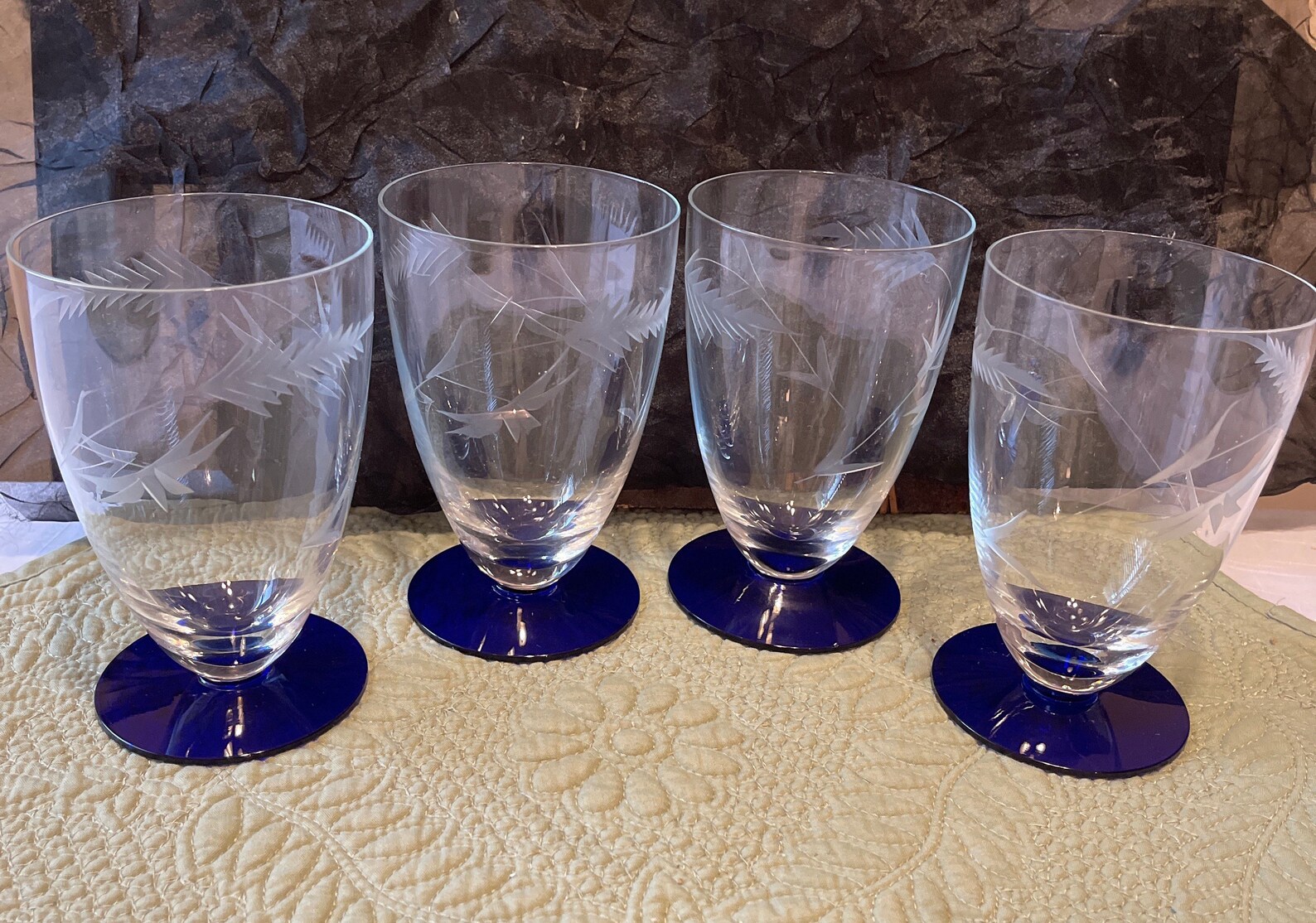 Vintage Clear Drinking Glasses Cobalt Blue Base Etched Fern Etsy