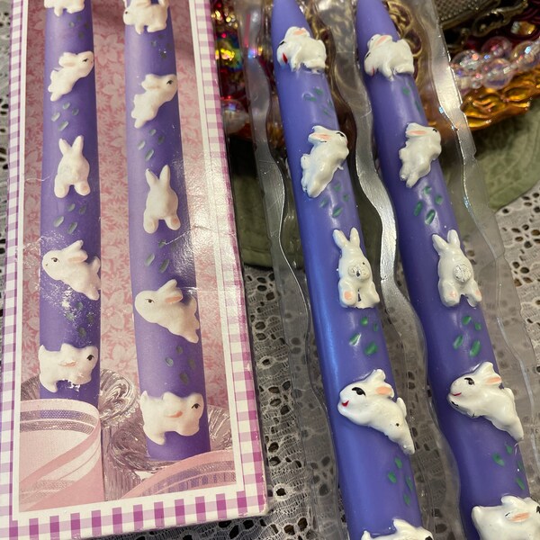 Easter Candles Bunny Tracks Set of 2 Gift co. Lavender White Bunnies Candle Sticks