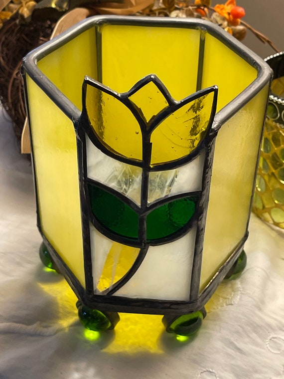 Vintage Stained Glass Candle Holder Yellow Flower Footed Etsy