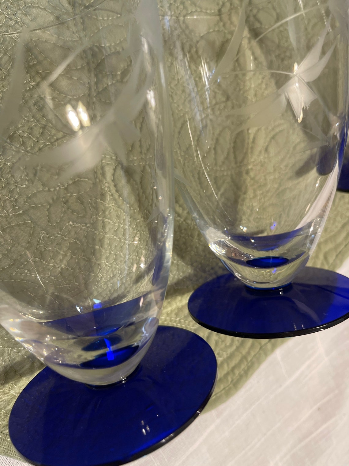 Vintage Clear Drinking Glasses Cobalt Blue Base Etched Fern Etsy