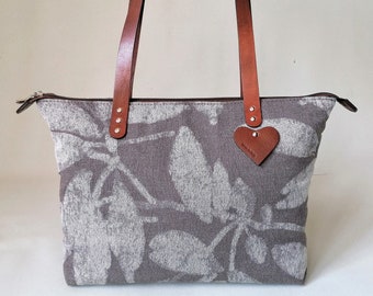 Fabric bag with zip, leather handles, handmade in Italy