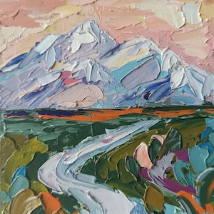 Paisagem de montanha empastada, pintura a óleo impressionista, 5 x 7 polegadas, feita à mão