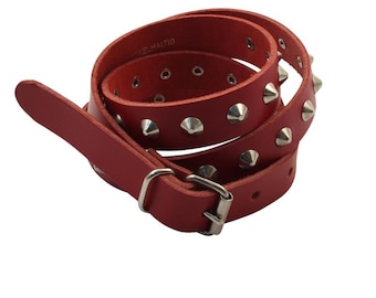 Leather belt with pointed rivets 1-row - red - 2 cm all lengths