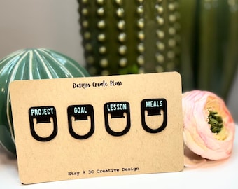 Pestañas de marcapáginas pequeñas personalizables para agendas, cuadernos y diarios: texto y color a su elección.