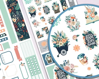 Pegatinas para planificador con diseño floral en acuarela en color verde azulado / Kit semanal de Hobonichi / Pegatinas digitales para Cricut e imprimibles