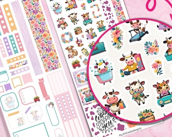 Linda pegatina del planificador de vacas, pegatinas del planificador imprimibles, kit semanal Hobonichi, pegatinas del diario de productividad digital, pegatinas de corte de impresión Cricut