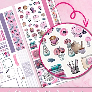 Purple Floral Watercolor Planner Sticker, Printable Planner Sticker, Hobonichi Weekly Kit, Digital Journal Sticker, Cricut Print Cut Sticker