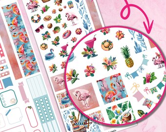 Pegatina del planificador de acuarela de Flamingo Beach, pegatina de corte de impresión Cricut, pegatina del planificador imprimible, pegatina del diario digital del kit semanal Hobonichi