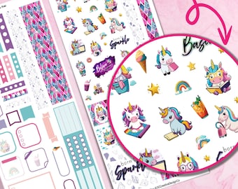 Pegatinas del planificador de unicornio, pegatinas del planificador imprimibles, kit semanal Hobonichi, pegatinas del diario de productividad digital, pegatinas de corte de impresión Cricut