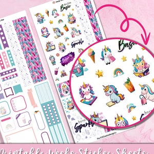 Naklejki do planera z jednorożcem, Naklejki do planera do druku, Zestaw tygodniowy Hobonichi, Naklejki do dziennika cyfrowej produktywności, Naklejki do drukowania i cięcia Cricut