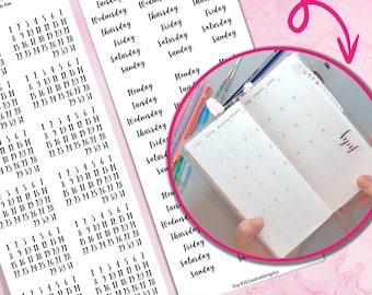 Fechas de la semana pegatina de difusión mensual, pegatinas imprimibles del planificador Hobonichi, pegatinas del diario de productividad digital, pegatinas de corte de impresión cricut