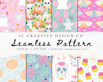 Maíz de caramelo de Halloween, fondo, patrón floral repetido sin costuras, paquete de imágenes prediseñadas de uso comercial, papel de álbum de recortes digital, diseño de sublimación