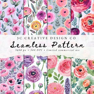 May include: Four seamless floral patterns featuring pink, purple, and yellow flowers with green leaves on a white background. The patterns are labeled "Seamless Pattern" with the text "3C Creative Design Co. 3600 px. 300 DPI. limited commercial use."