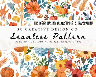 Patrón floral repetido sin costuras, paquete de imágenes prediseñadas para uso comercial, papel digital, sublimación, acuarela de calabaza de otoño, fondo transparente