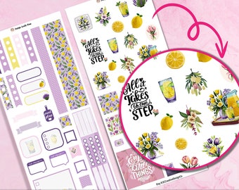 May include: Printable sticker sheets with a lemon and floral theme. The sheets feature a variety of designs, including lemons, flowers, and the phrase "All it takes is one step".