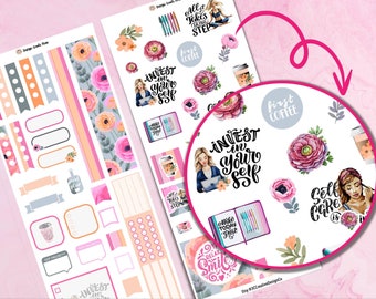 May include: Four printable sticker sheets with a floral theme. The stickers feature illustrations of flowers, coffee cups, and motivational quotes like "Invest in Yourself" and "Self Care is", all in pink, white, and gray colors.