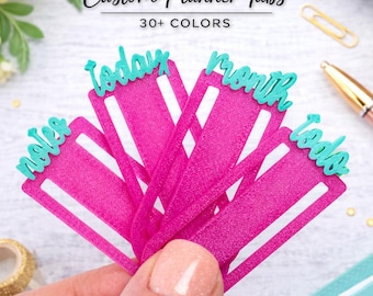 Pestañas grandes para planificador con fuente Glitter Script, marcador de diario con clip, elija entre más de 30 colores