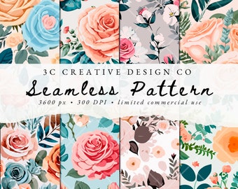 Patrón floral repetido sin costuras, paquete de imágenes prediseñadas de uso comercial, papel de álbum de recortes digital, diseño de sublimación, fondo de acuarela de rosas