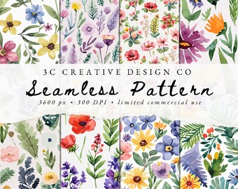 Patrón floral repetido sin costuras, paquete de imágenes prediseñadas de uso comercial, papel de álbum de recortes digital, diseño de sublimación, fondo de acuarela de flores silvestres