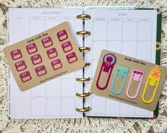 Planificador navideño vintage y juego de pestañas mensuales / Colores brillantes - Marcadores de página decorativos