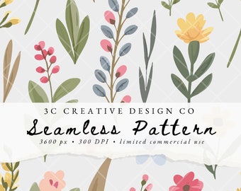Seamless Floral Watercolor Pattern, Floral Digital Paper, Commercial Use, Journal, Scrapbook, JPG, Digital Print, Bundle, Wildflower Clipart